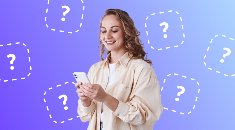 Smiling woman on smartphone searching for best parenting apps, with question mark icons around her.